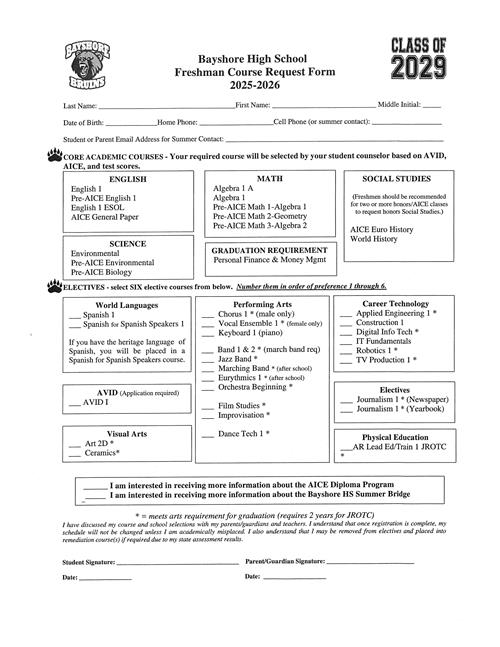 Bayshore High School Incoming Freshmen Course Request Form